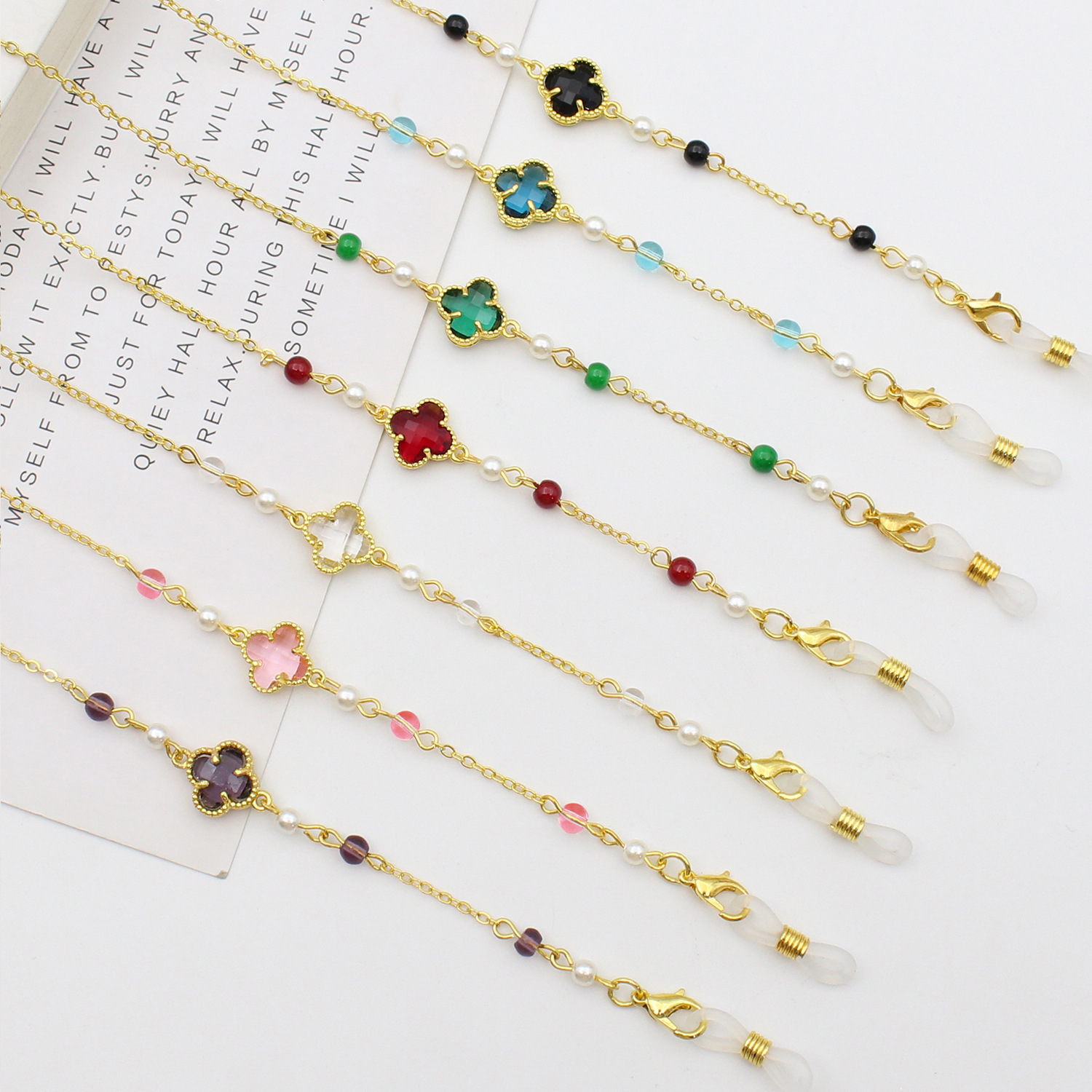 Glasses Accessories 2-in-1 Four-leaf Clover Petal Shaped Glasses Chain Crystal Sunglasses Accessories for Eyeglasses